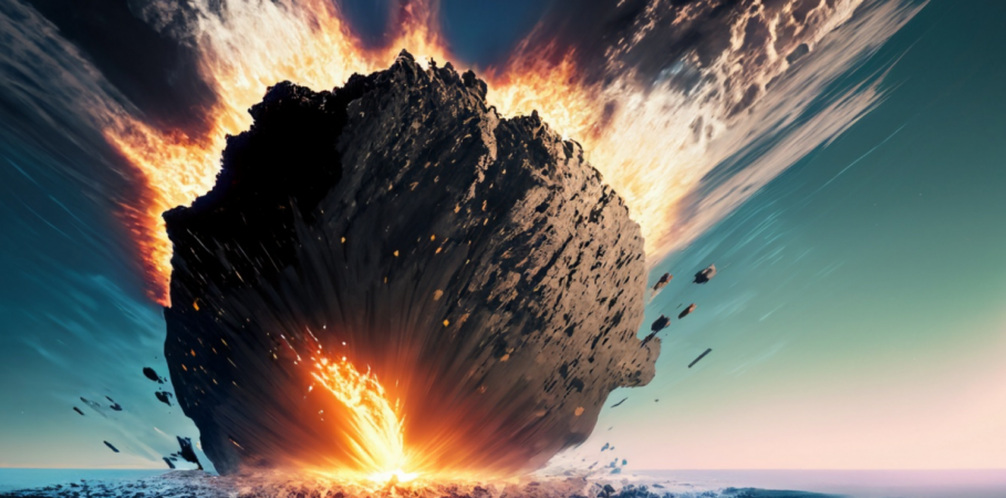 AI generated image of a large, round meteor crashing into the ocean. Small red icon of Adobe firefly in the bottom left corner