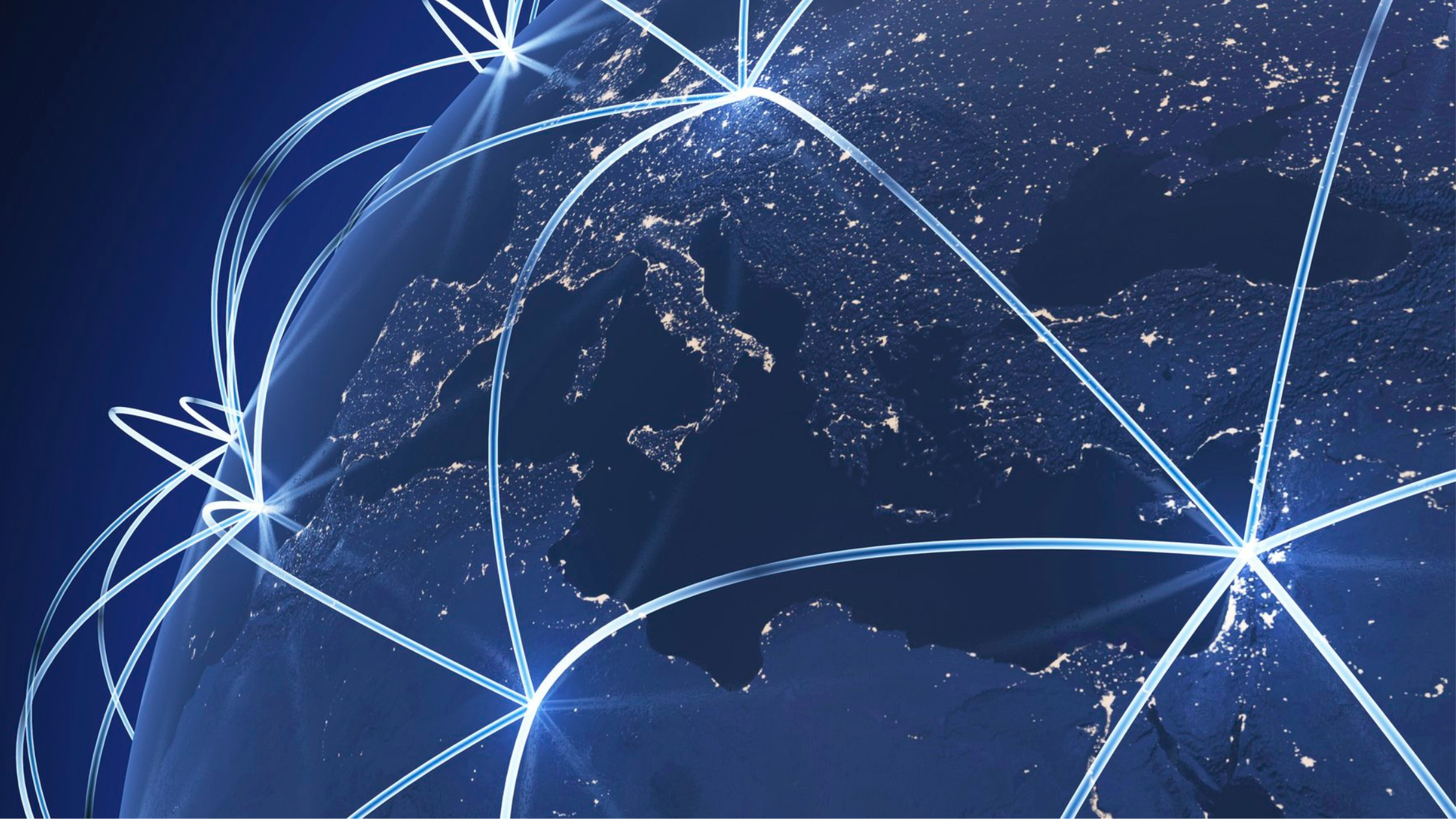 A view of Earth from space at night, showing illuminated cities across Europe and parts of Asia. Bright blue arcs of light connect different points across the globe, symbolizing international communication, networking, and global connectivity.